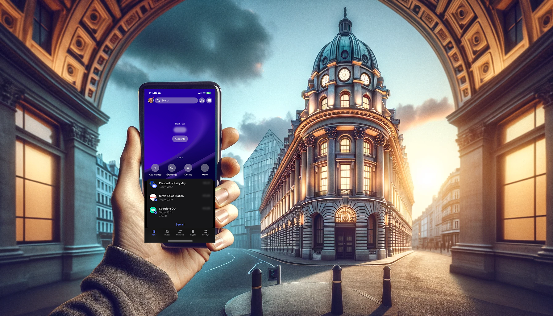 DALL·E-2024-02-27-23.46.55-A-hand-holding-a-smartphone-with-the-Revolut-app-open-on-the-screen.-In-the-background-an-old-grand-building-that-resembles-a-traditional-financial_